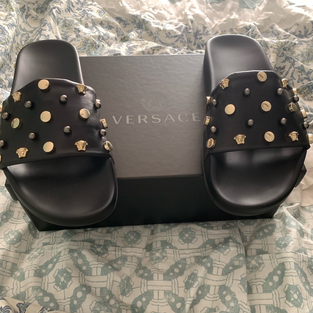 Versace Studded Medusa Slides Black Size 39/9